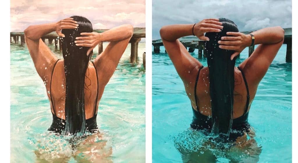 Comparison from Photo to Painting Female Figure in Water Wall Art