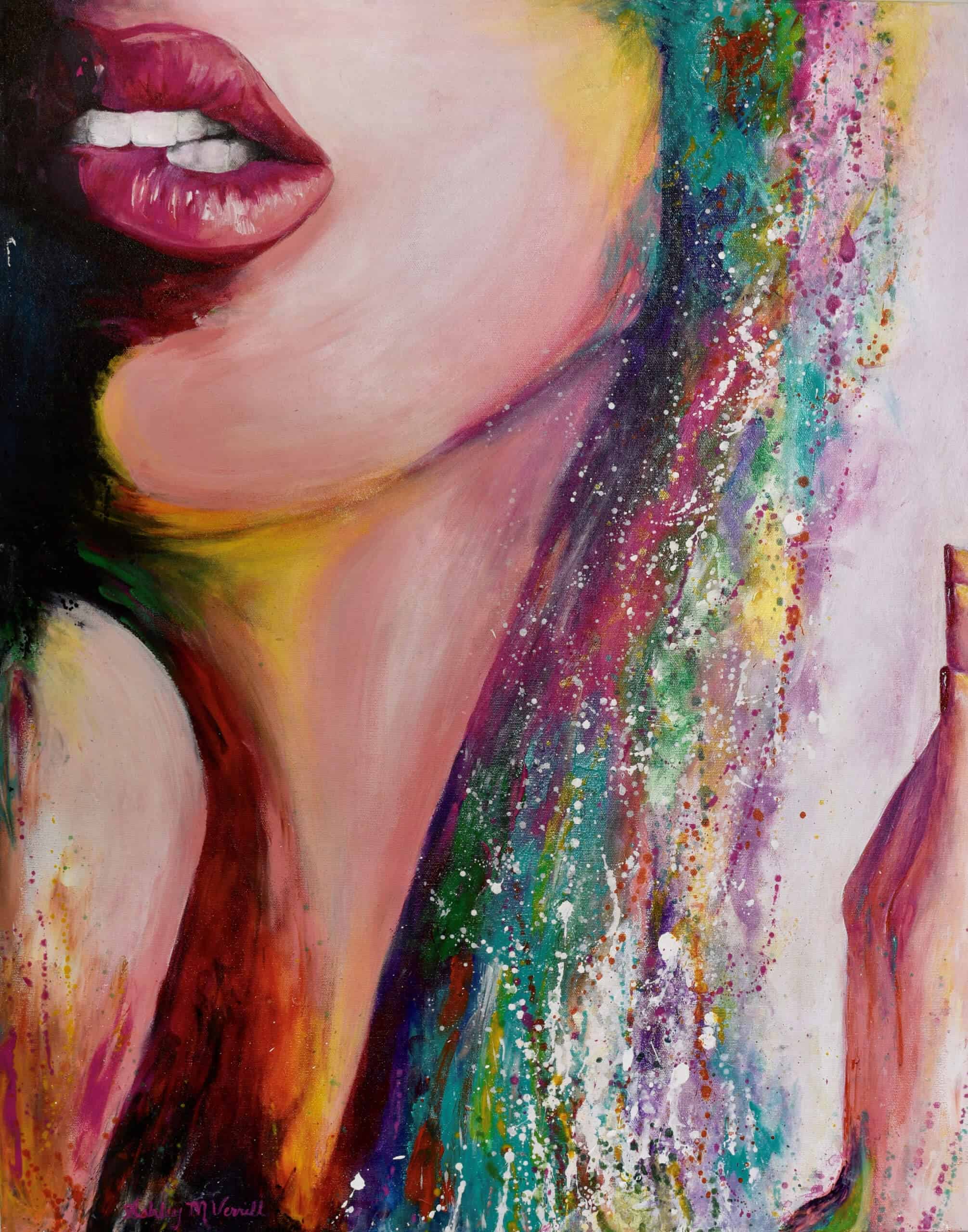 A Colorful Abstract Portrait of Woman Biting Lip