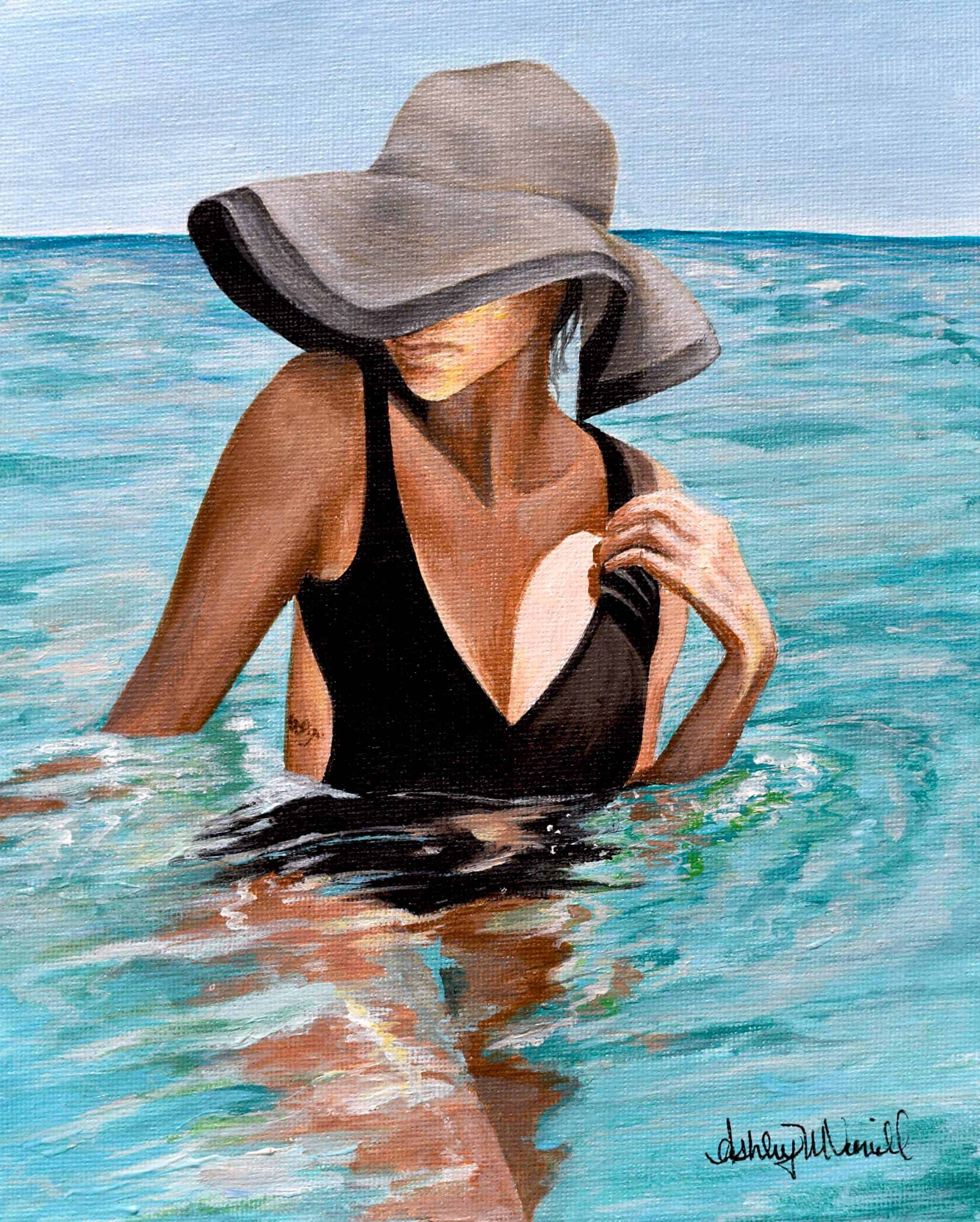 Female Figure Painting in Water with Beach Hat