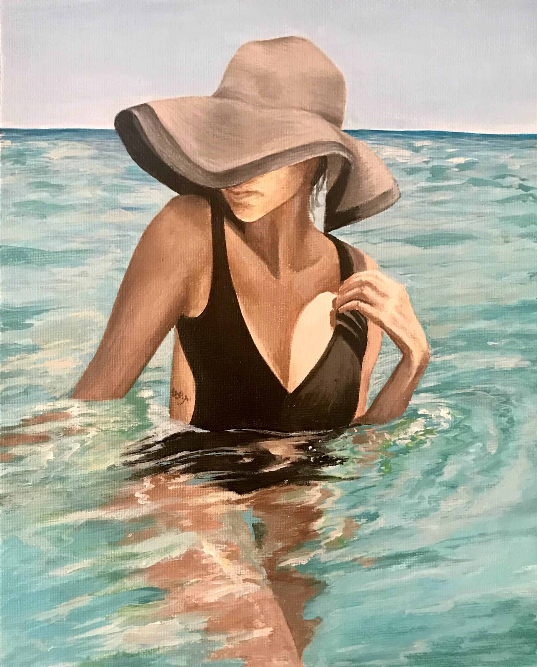 Painting of Woman in Water with Large Beach Hat