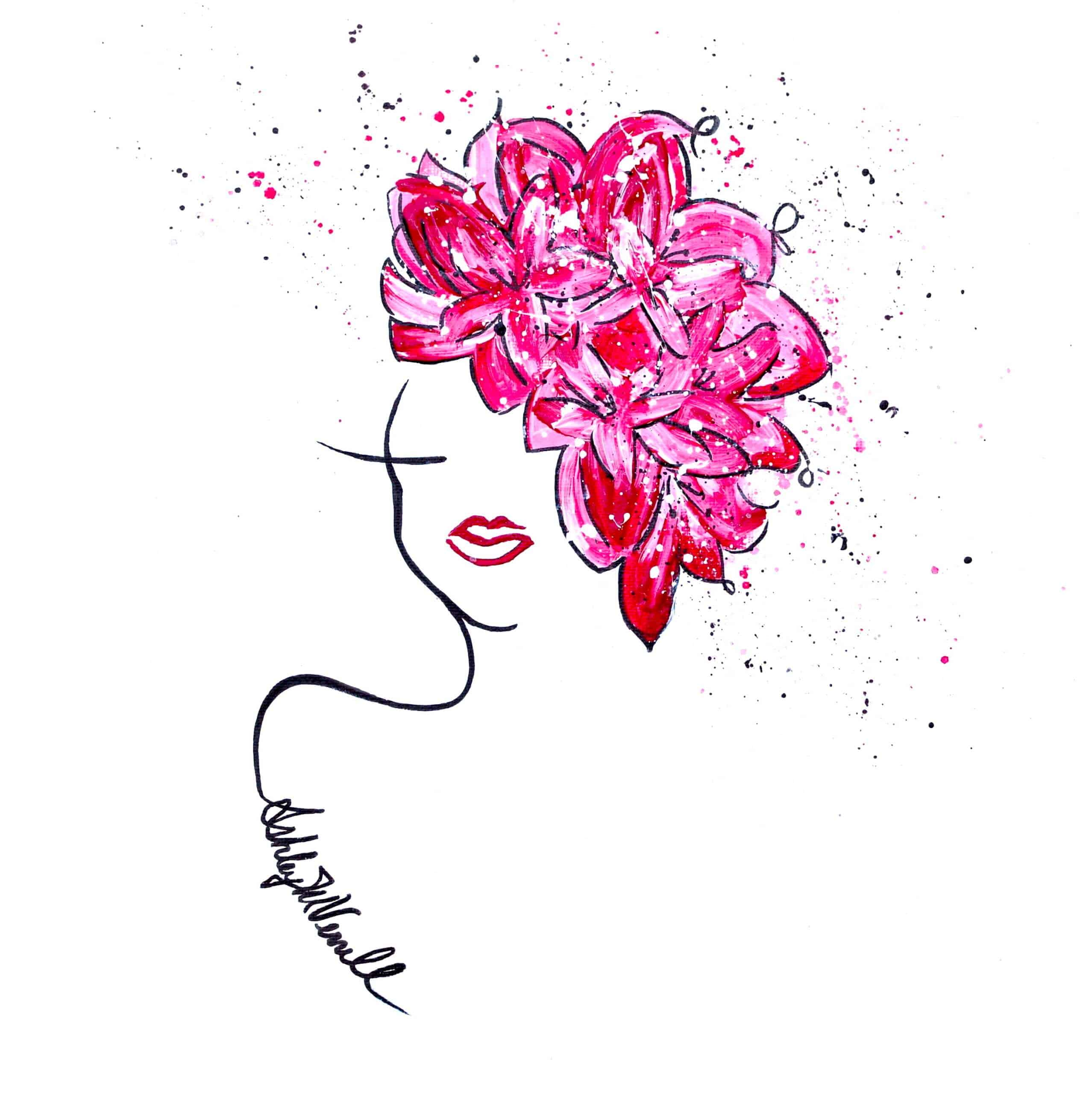 Minimalist Line Art Female Figure With Abstract Red Flowers in Her Hair