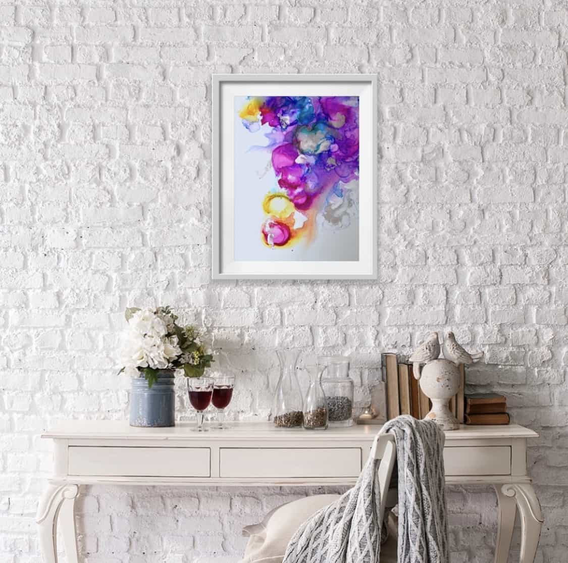 Abstract Colorful Alcohol Ink Painting Hanging on Wall