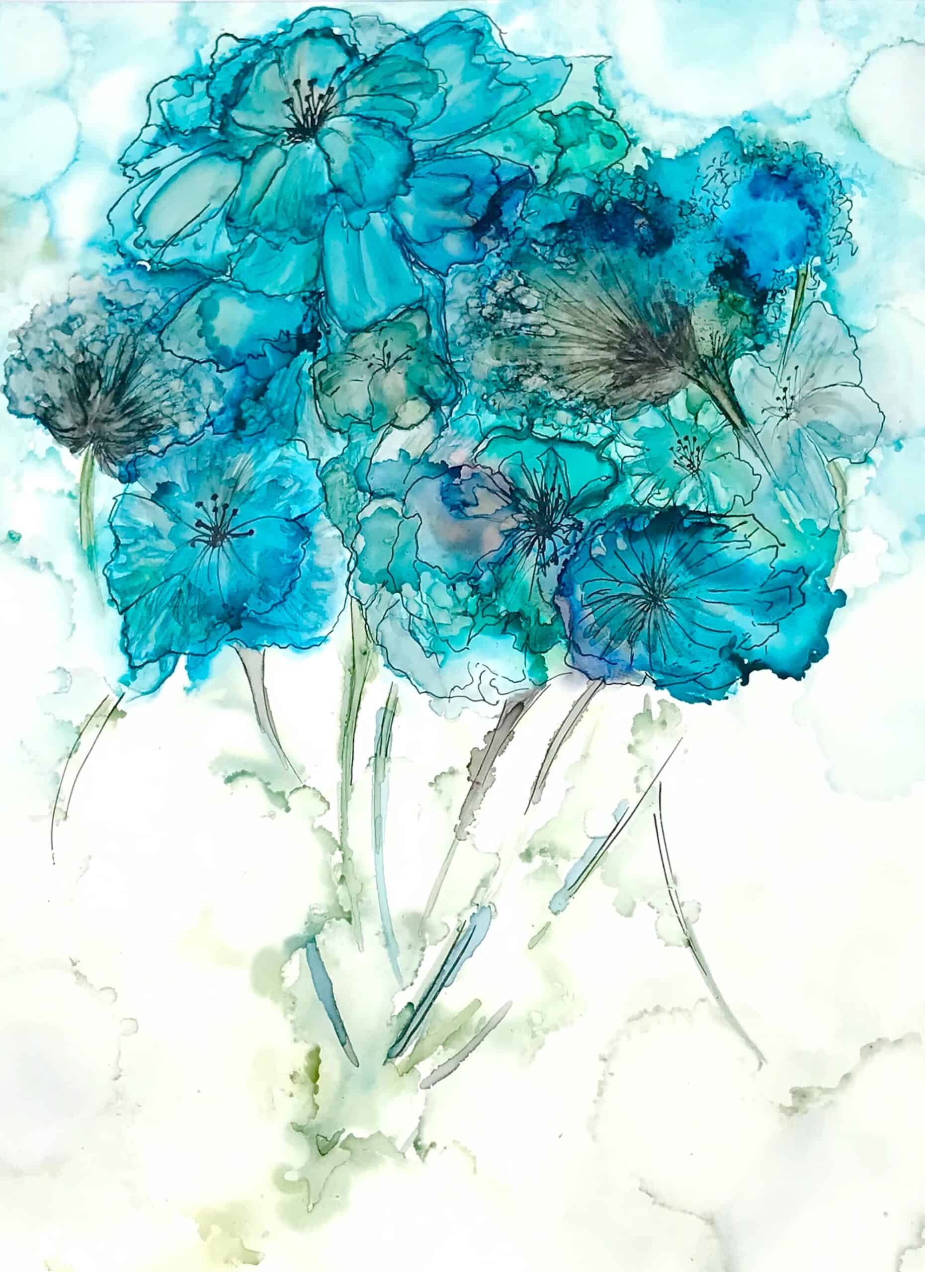 Blue Wild Flower Alcohol Ink Flower Design Painting