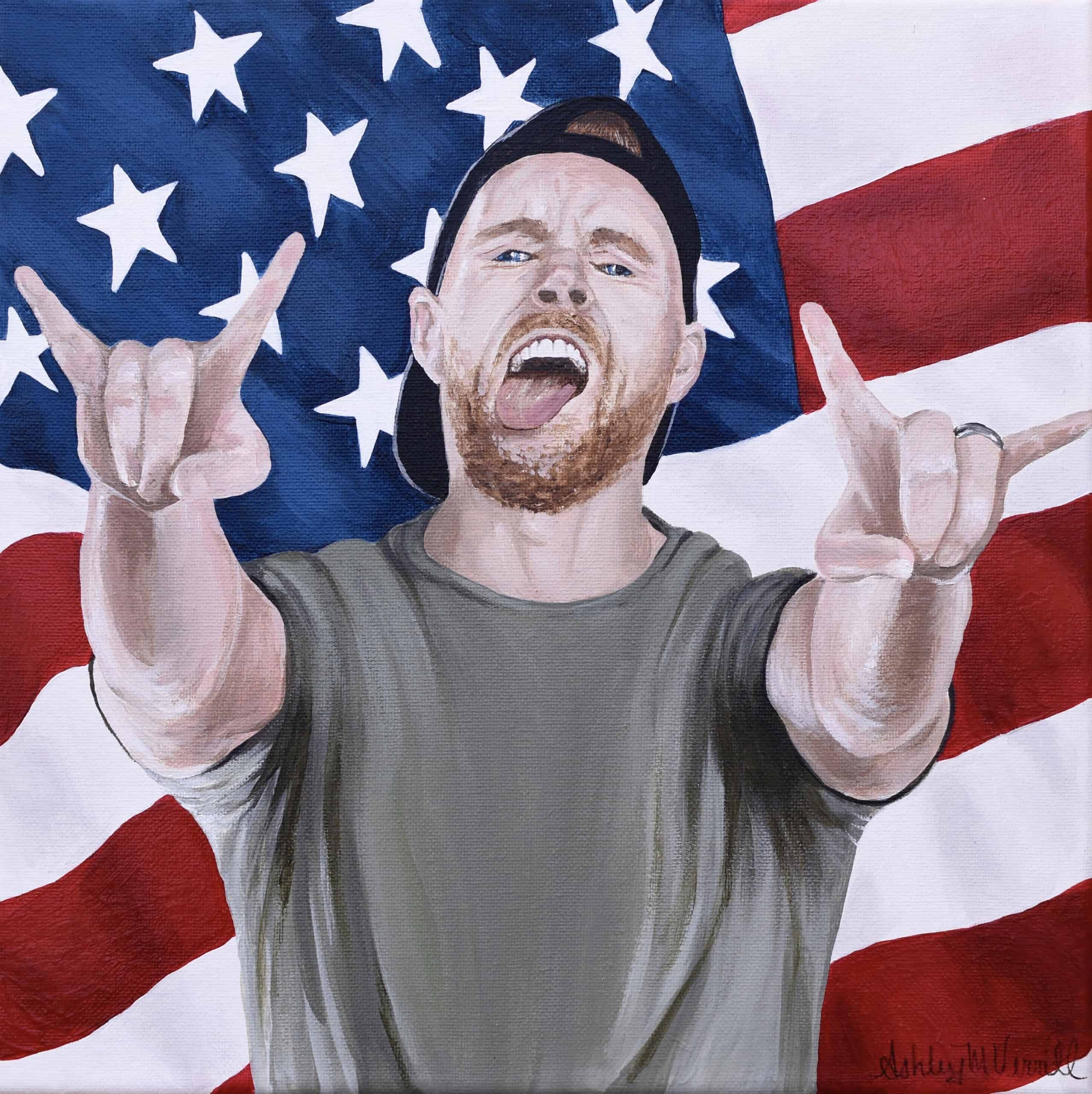 Painting of Patriotic American in Front of US Flag